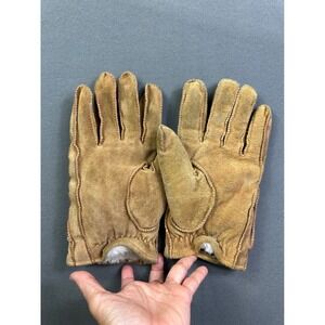 Vintage Tan Suede Leather Gloves Faux Shearling Lined‎ Buckle Wrist Strap Brown
